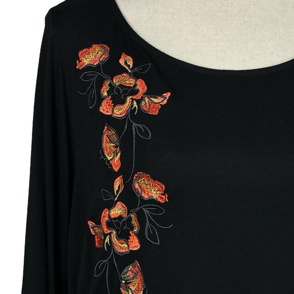 APT 9 Large Top Floral Embroidered 3/4 Bell Sleeves Stretch Wide Neckline Black - Picture 2 of 9